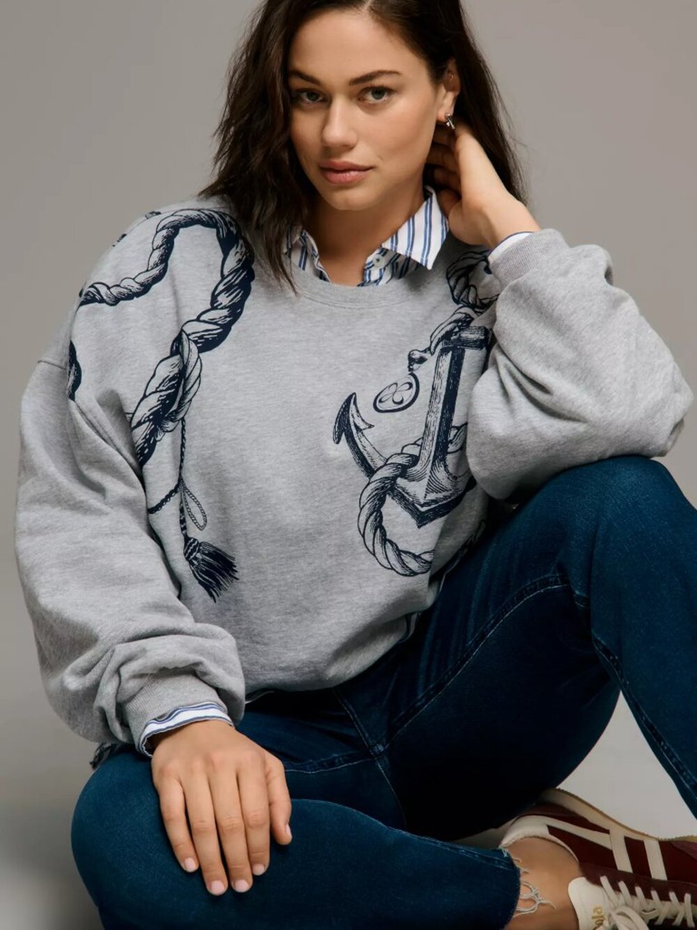 NWT Anthropologie Maeve Puff-Sleeve Sweatshirt Nautical Anchor Sz. XL